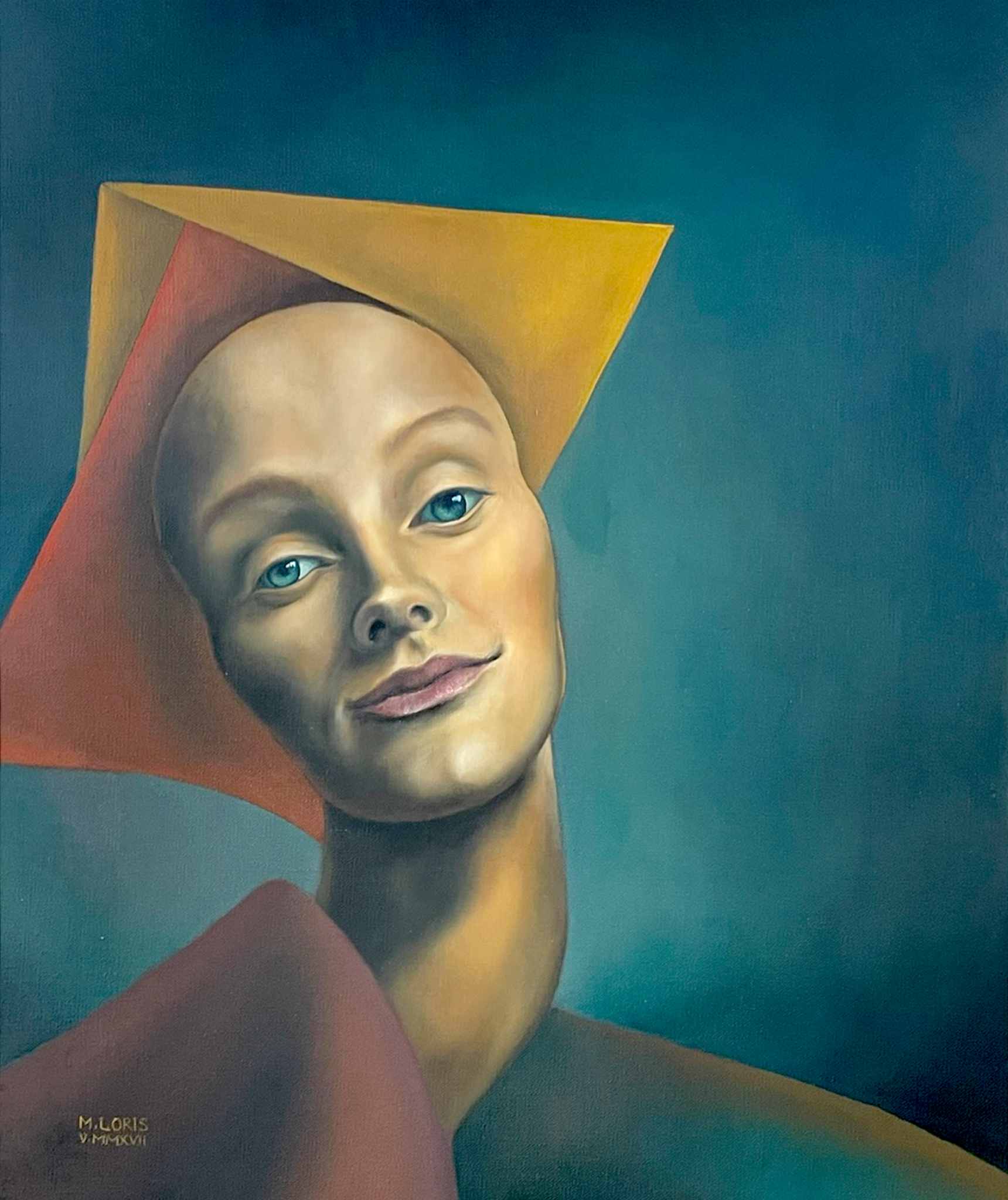 Oil on canvas painting of androgynous woman with blue eyes and a long stretched neck with geometric shapes around her shaved head on a blue background