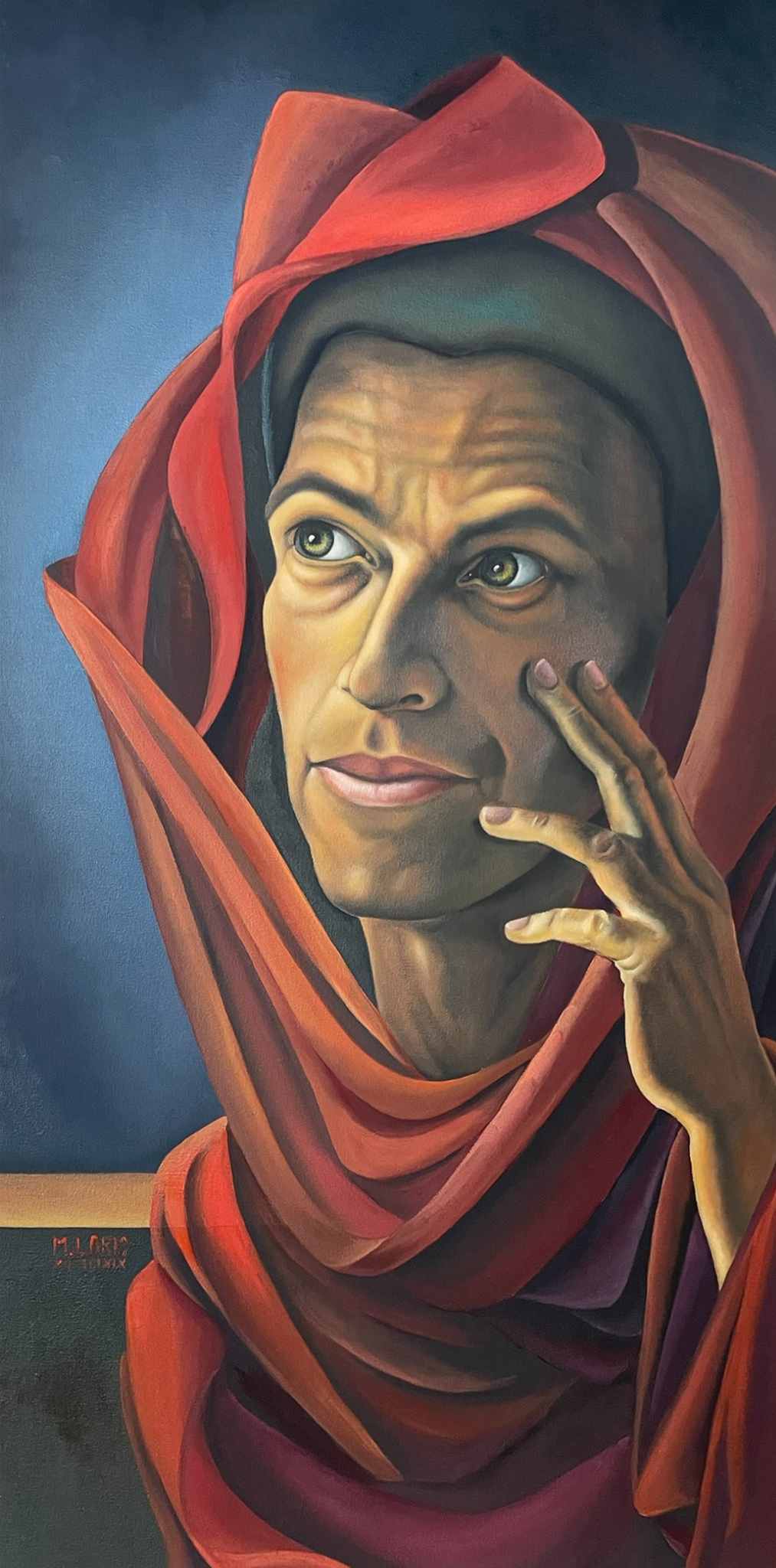 Oil on canvas painting of a man covered  with a red sheet with his left hand on the side of his face with a pensive look