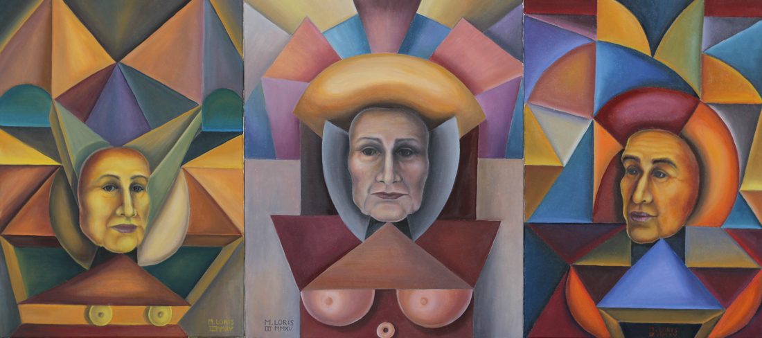 A + E + K, oil on canvas, 110 x 50 cm, surrealist portrait painting by M. Loris