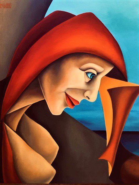 Beyond I, oil on canvas, 46 x 55 cm, surrealist portrait painting by M. Loris
