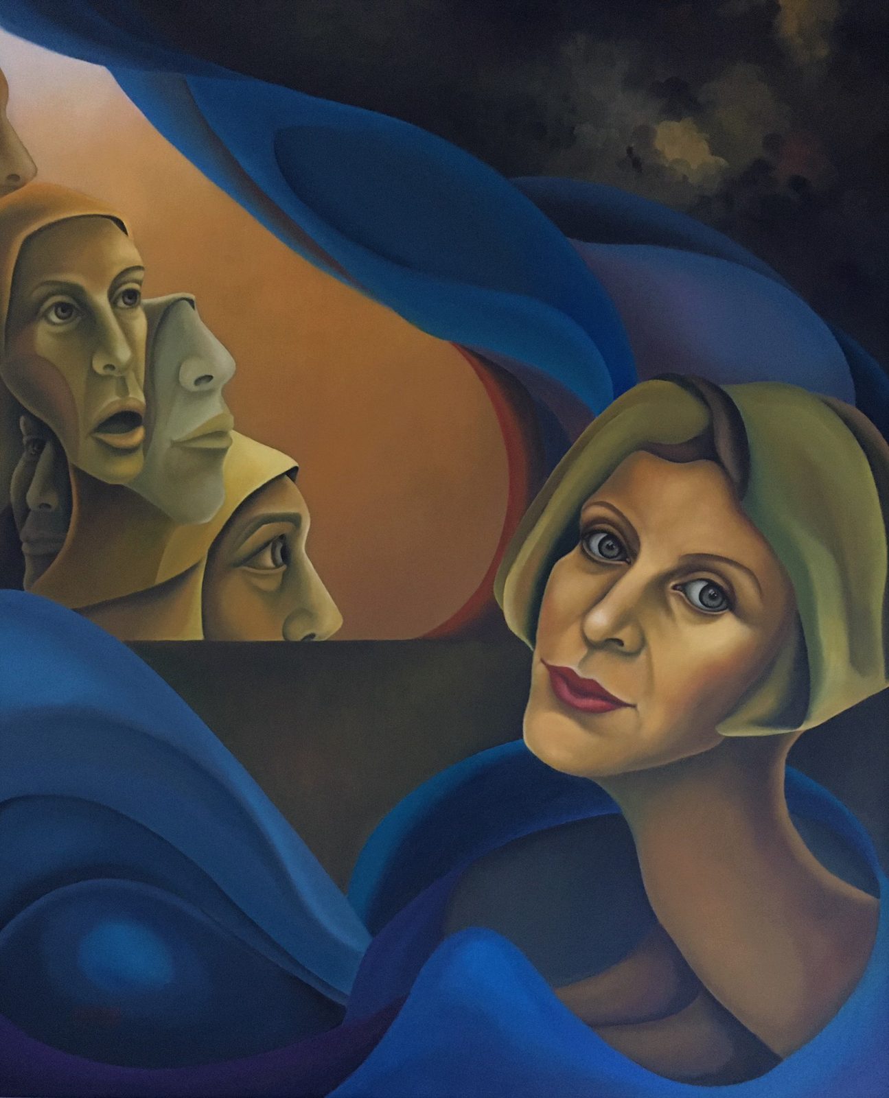 Why, oil on canvas, 60 x 73 cm, surrealist portrait painting by M. Loris