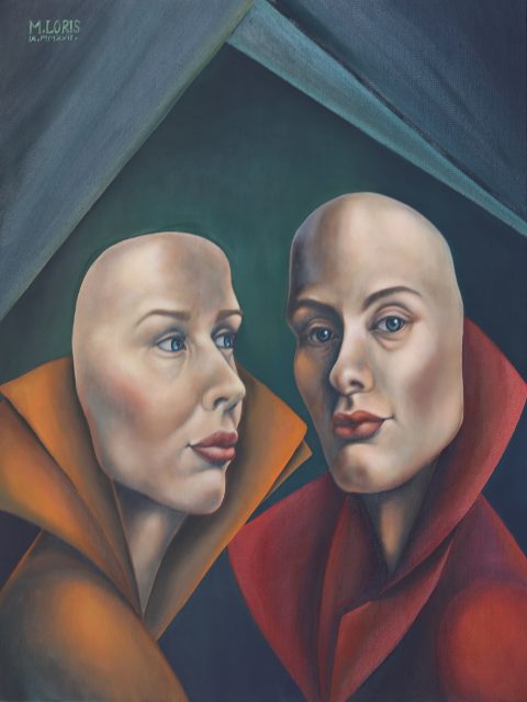 The Conspiracy, oil on canvas, 60 x 80 cm, surrealist portrait painting by M. Loris